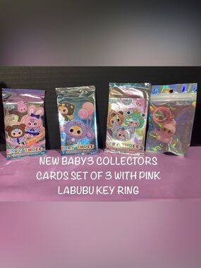 Kids Trading Cards Set of 3 with Pink Labubu Key Ring